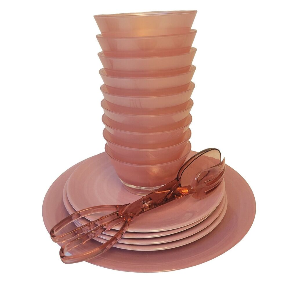 Picnic Yard Garden Party Home Set Of Pink Plastic Bowls Plates And Salad Tongs